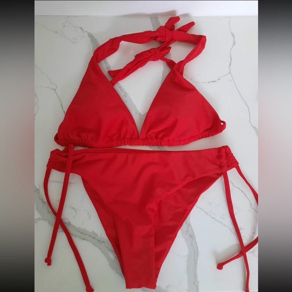 Halter Neck Ties Triangle Bra + Low Rise Side Tie Bottoms Bikini Set Red - Picture 7 of 7